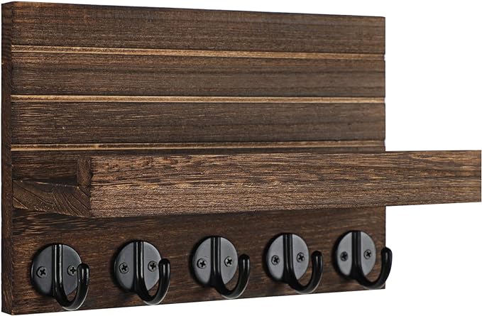 Key Holder for Wall, Decorative Key and Mail Holder with Shelf Has Large Key Hooks for Bags, Coats – Paulownia Wood Key Hanger with Mounting Hardware (9.8”W x 6.7”H x 4.2”D) (Brown)