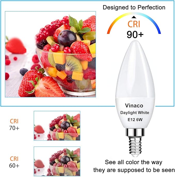 Vinaco E12 LED Bulb, 2 Pack E12 Candelabra Bulb 60 Watt Daylight White 5000K, High Brightness 600LM & 25000+ Long Lifespan E12 Bulb, E12 Candelabra Base, Light Bulb for Ceiling Fan Light Bulb