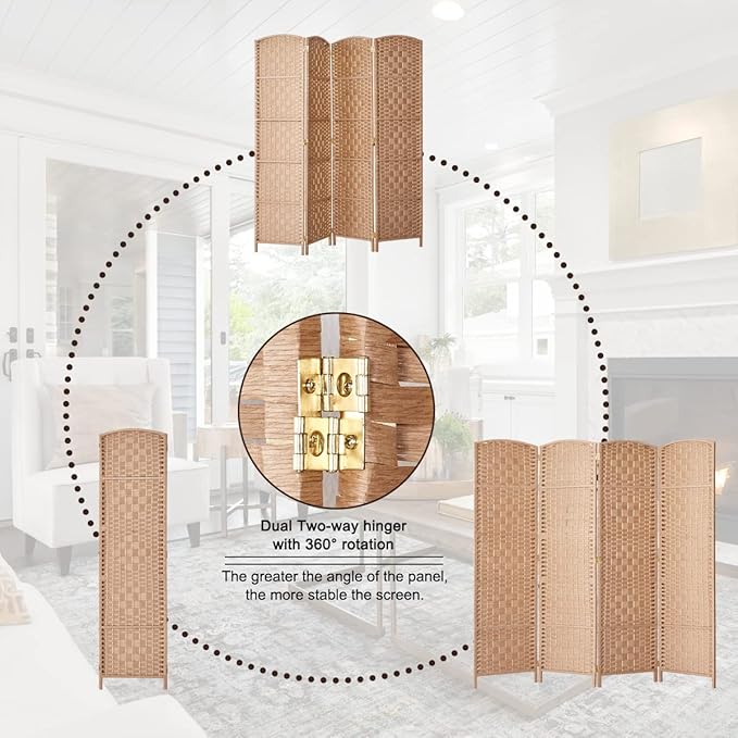 Rose Home Fashion Room Divider, 6 ft Tall Room Dividers and Folding Privacy Screens, 16in Privacy Screen 4 Panel Natural Space Temporary Wall Foldable Partition Separation