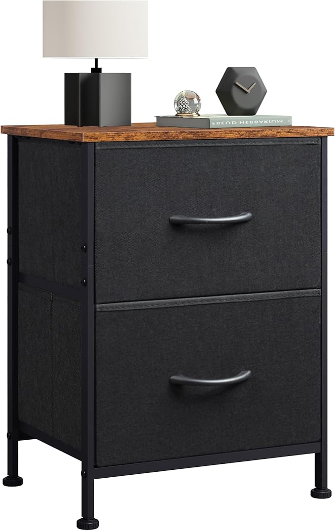 WLIVE Nightstand, 2 Drawer Dresser for Bedroom, Small Dresser with 2 Drawers, Bedside Furniture, Night Stand, End Table with Fabric Bins for Bedroom, Closet, Entryway, Black and Rustic Brown