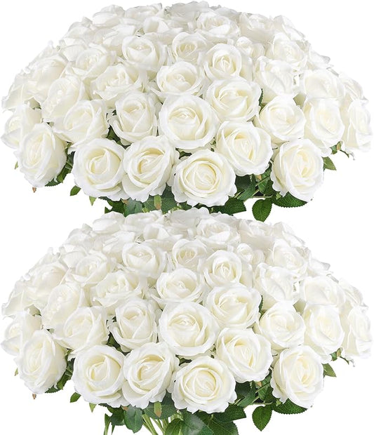 Hananona Artificial Roses in Bulk, Fake Velvet Silk Roses Realistic Rose for Wedding Centerpieces Flower Arrangement Home Decor (50, White)
