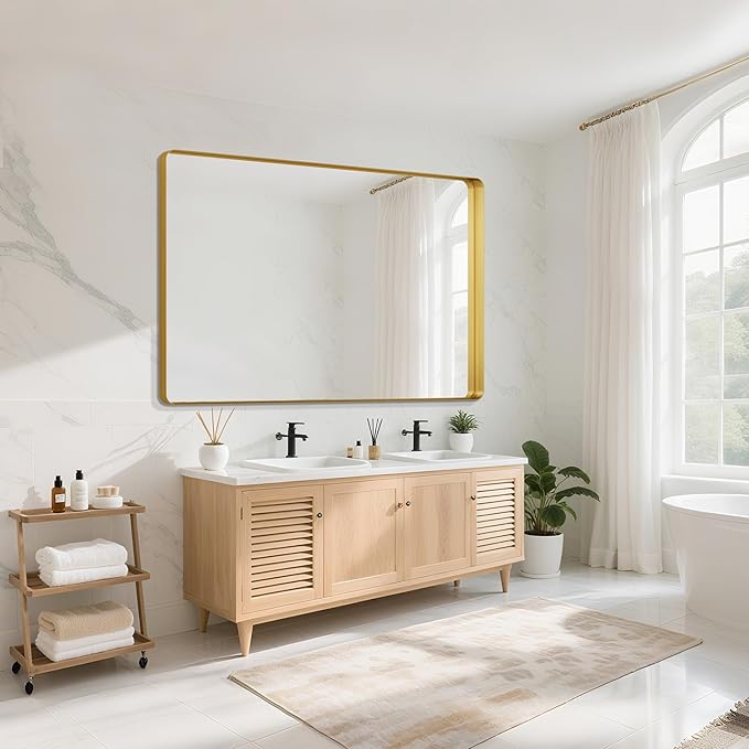 Suidia Bathroom Mirror, 60" x 36" Wall Mirror Metal Framed, Bathroom Vanity Mirror for Living Room Bedroom Bathroom Entryway, Gold, Rounded Corner Style