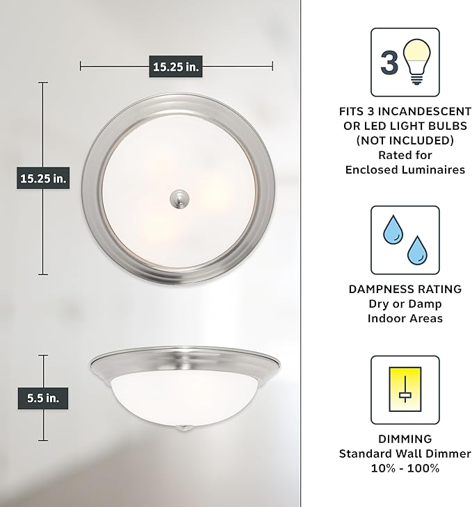DESIGNERS FOUNTAIN Reedley 3-Lights Flush Mount Ceiling Light, 15 Inch Lighting Fixture for Kitchen, Bedroom, Bathroom, and Hallway, Satin Platinum with Etched Glass, 1257L-SP-W