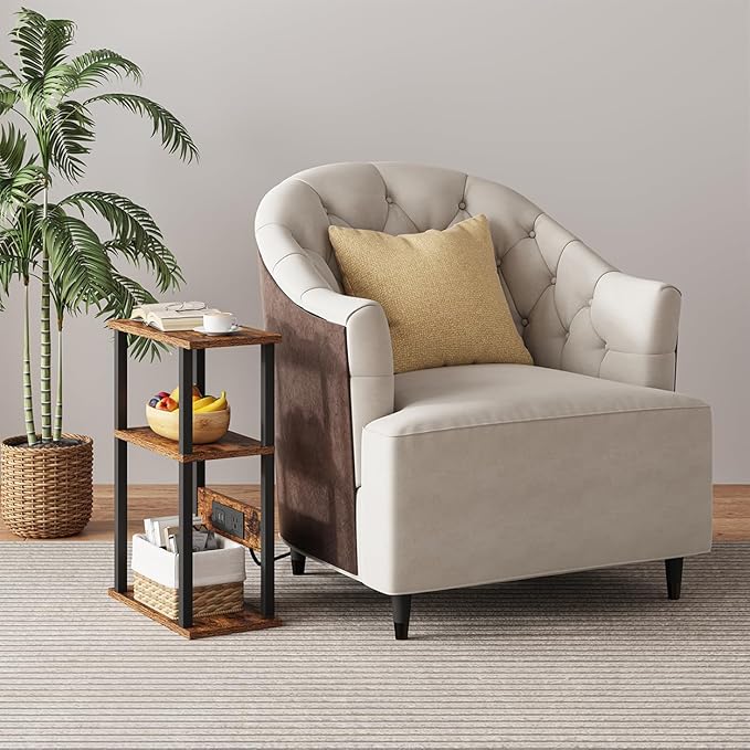 Narrow Side Table with Charging Station, 2 Set Skinny End Tables for Small Spaces, Sofa Beside-Table with Storage Shelf, Slim Nightstand with USB Ports Outlet, Couch Tables Rustic Brown UTBT003F2