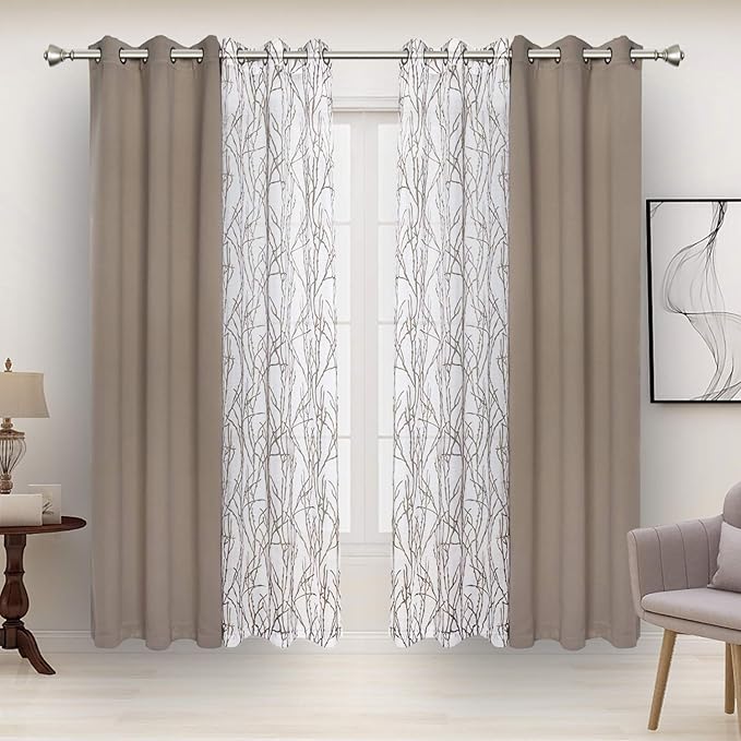 BONZER Mix and Match Curtains - 2 Pieces Branch Print Sheer Curtains and 2 Pieces Blackout Curtains for Bedroom Living Room Grommet Window Drapes, 37x63 Inch/Panel, Taupe, Set of 4 Panels