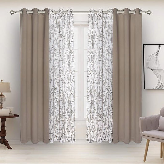 BONZER Mix and Match Curtains - 2 Pieces Branch Print Sheer Curtains and 2 Pieces Blackout Curtains for Bedroom Living Room Grommet Window Drapes, 37x63 Inch/Panel, Taupe, Set of 4 Panels