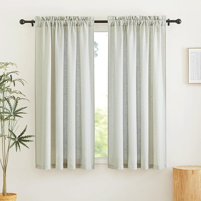 RYB HOME Green Linen Curtains for Living Room, Rod Pocket Thick Linen Burlap 72 Inch Length Light Filtering Privacy for Home Office Dining Room, W 34 x L 72 inches, Sage Green, 2 Panels Set