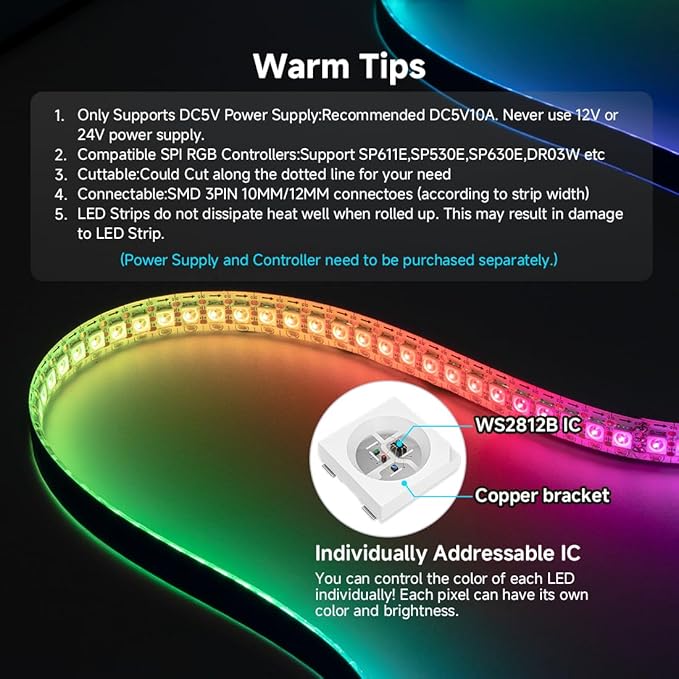 SEZO WS2812B ECO LED Strip Light 16.4FT/5M 60LEDs/m 300Pixels Individually Addressable Programmable 5050SMD Digital RGB Alloy Wires Flexible Dream Color IP30 Non-Waterproof PCB Black DC5V