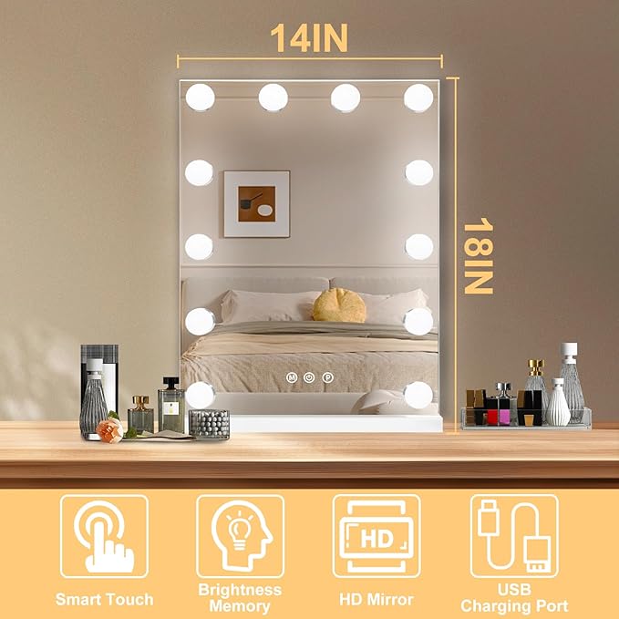 Hollywood Vanity Mirror with Lights, 12 Dimmable Bulbs, 3 Color Lights,Make Up Lighted Mirror, Aluminum Metal Frame, USB Charging Port（14" x 18"）