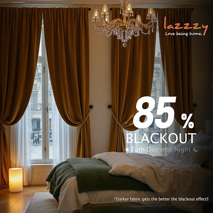 Lazzzy Velvet Blackout Curtains Thermal Insulated Room Window Drapes Super Soft Luxury Curtains for Living Room Bedroom Rod Pocket 2 Panels, Gold Brown, 42" W x 108" L