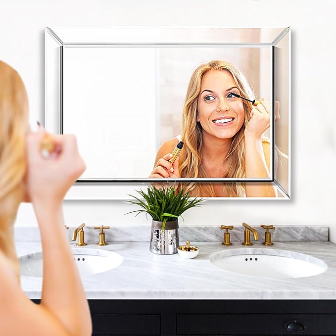 Pregaspor Mirror on Mirror Wall Mirror for Bathroom, 22" x 32" Rectangular Frameless Bathroom Vanity Mirrors for Wall, Polished Beveled Edge Decorative Mirrors for Living Room, Washroom and Bedroom
