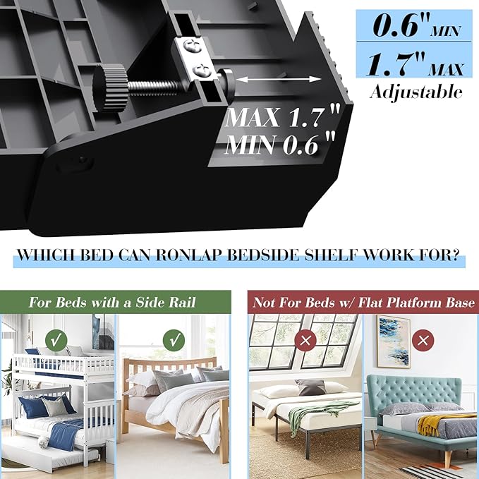 Ronlap Folding Bedside Shelf Bunk Bed Shelf Organizer for Top Bunk Clip On Bed Side Shelf Tray for College Dorm Lofted Bed Plastic Bedside Nightstand with Cup Holder, Plus Size with Drawer, Black