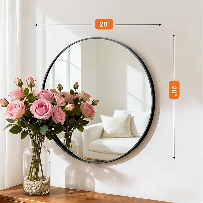 Sweetcrispy Round Bathroom Mirror 20 Inch Black Metal Framed Wall Mounted Circle Vanity Mirror for Bathroom, Bedroom, Living Room, Entryway, Anti-Rust, Modern Decorative, Hanging or Leaning
