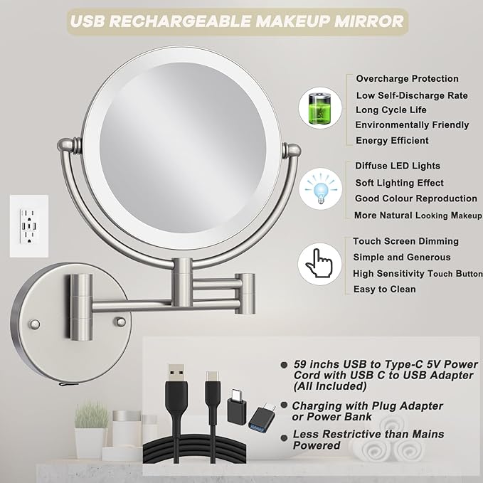 Makeup Mirror Wall Mounted with Lights and 10X Magnification, 8 Inches Rechargeable Double Sided Magnifying, Touch Dimmable Extended Arm 360 Rotation, Foldable Cosmetic Mirror Brushed Nickel
