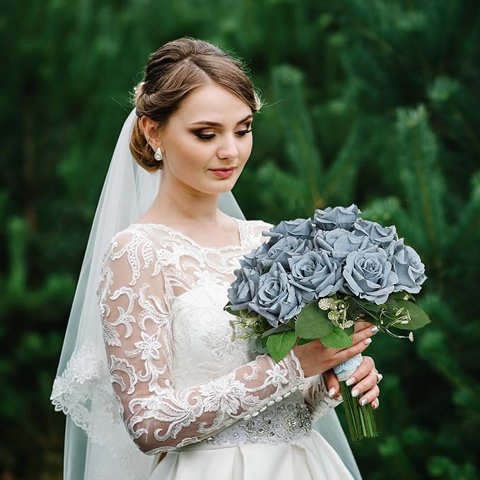 Artificial Roses Bouquets - 8 Bundles Fake Silk Flowers Realistic Faux Florals Bulk for Wedding Bridal Party Baby Shower Event Home Arrangements Centerpieces Decorations (Dusty Blue)