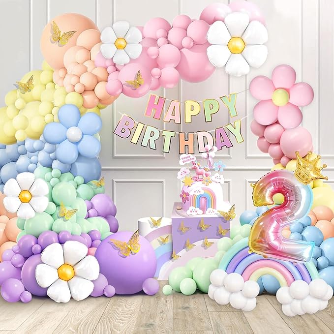 Pastel Balloon Garland Kit 219Pcs Daisy Balloon Arch, Pastel Balloons Different Sizes, Happy Birthday Banner, Cake Toppers, Number 2 Balloon, 3D Butterfly, 2nd Birthday Decorations for Girl