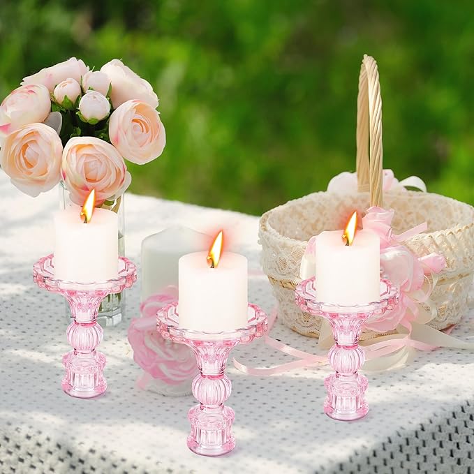 Suclain 24 Pcs Glass Taper Candle Holder Sets 12 Candlestick Holder with 12 White Long Candles for Wedding Party Decor Dinner Decoration(Pink)