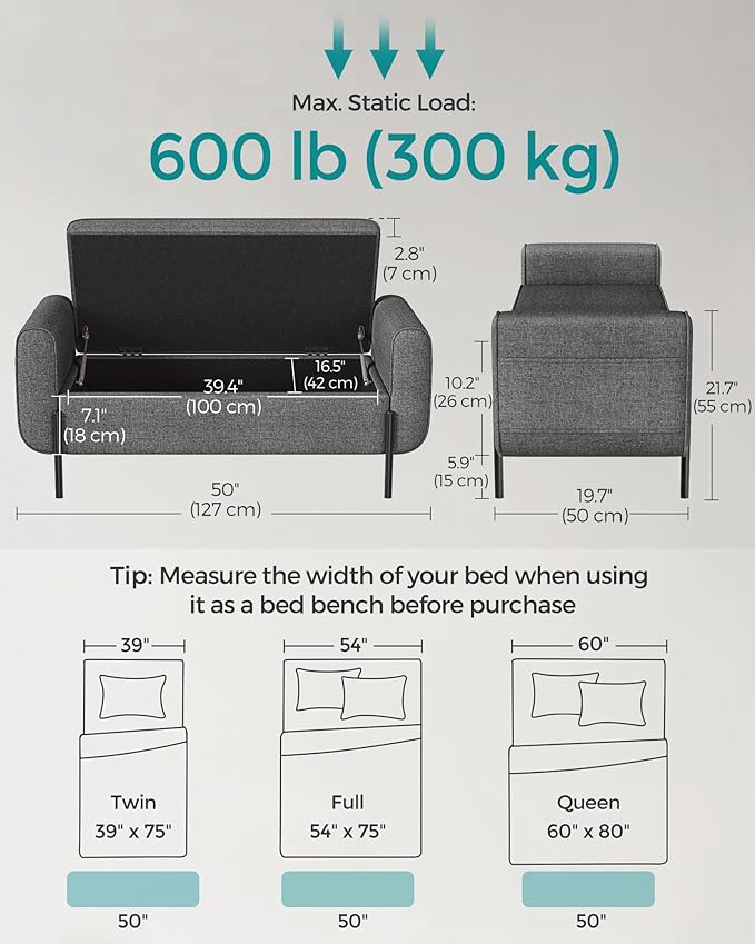 SONGMICS Storage Bench with Armrests, Ottoman for Living Room, Bedroom, Entryway, Steel Legs, Dark Gray ULOM072G01