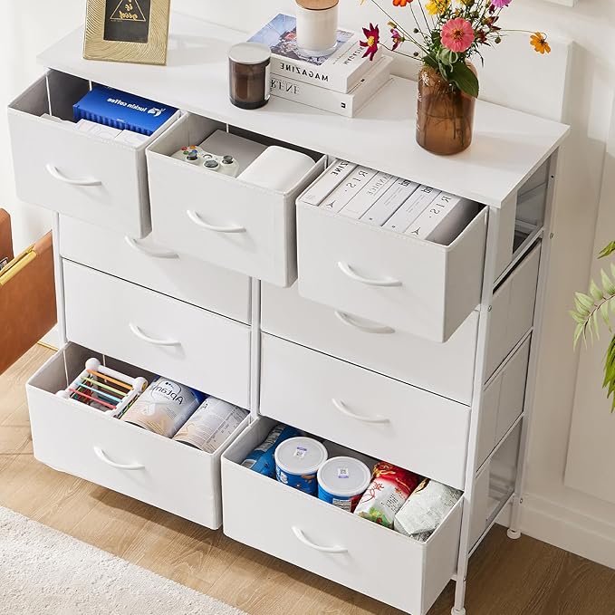 Sweetcrispy 9 Drawer Fabric Dresser Tall Chest Storage Organizer Tower with Cabinet Metal Frame and Wood Top Lightweight Nursery Closet Furniture for Bedroom,Cream White