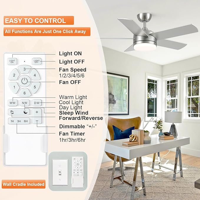 YUHAO 44 Inch Brushed Nickel Ceiling Fan with Light and Remote Control.Noiseless,Dimmable,3CCT,6 Speeds Reversible, DC Ceiling Fans for Indoor or Covered Outdoor