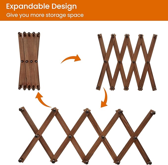 Homode Accordion Wall Hanger, Hat Rack for Wall, Wood Expandable Coat Rack, Vintage Accordian Peg Hooks Purse Organizer for Hanging Baseball Caps, Coffee Mug, Hats, Clothes, Backpack, Towel