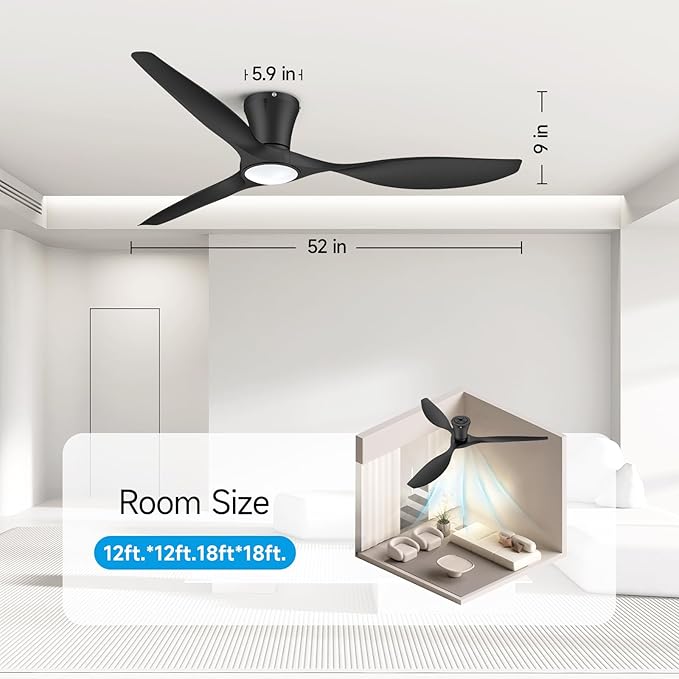 ocioc 52 inch Ceiling Fans with Lights and Remote, Dimmable Ceiling Fans with Reversible Quiet DC Motor, Flush Mount, 3CCT, Black Ceiling Fan for Bedroom Living Room Indoor/Outdoor