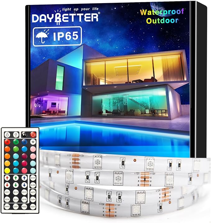DAYBETTER Waterproof Led Lights for Bedroom, 32.8ft (2 Rolls of 16.4ft) Led Strip Lights, 300 LEDs Color Changing RGB 44 Keys Remote Controller, 12v for Outdoor Room Home Party Christmas Decoration