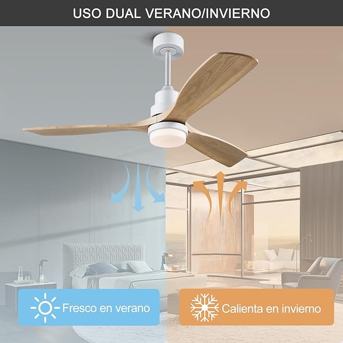 BOJUE 60 Inch Ceiling Fans with Lights and Remote Control, Dimmable LED Light, Indoor Outdoor Wood Ceiling Fan with 3 Blades for Patio, Living Room, Bedroom, Office, Summer House