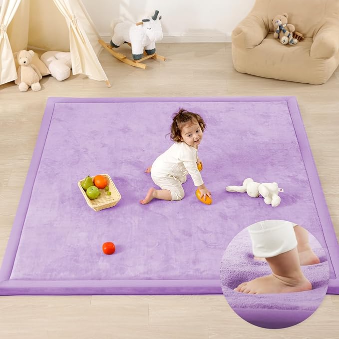 1.3" Thick Baby Play Mat for Floor, 39x59 Foam Tummy Time Mat, Padded Support Soft Plush Nursery Rug for Infant Kids Toddler Crawling Kick Activity (Lavender)