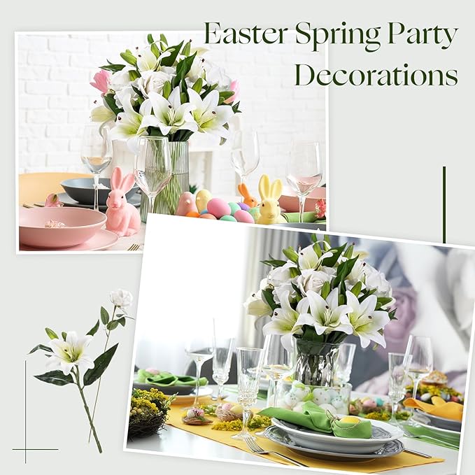Hotop 20 Pcs Artificial Flowers Velvet Realistic Roses and Latex Lilies Flowers Bouquet Decorations Arrangements for Home Table Centerpieces Independence Day(White, White)