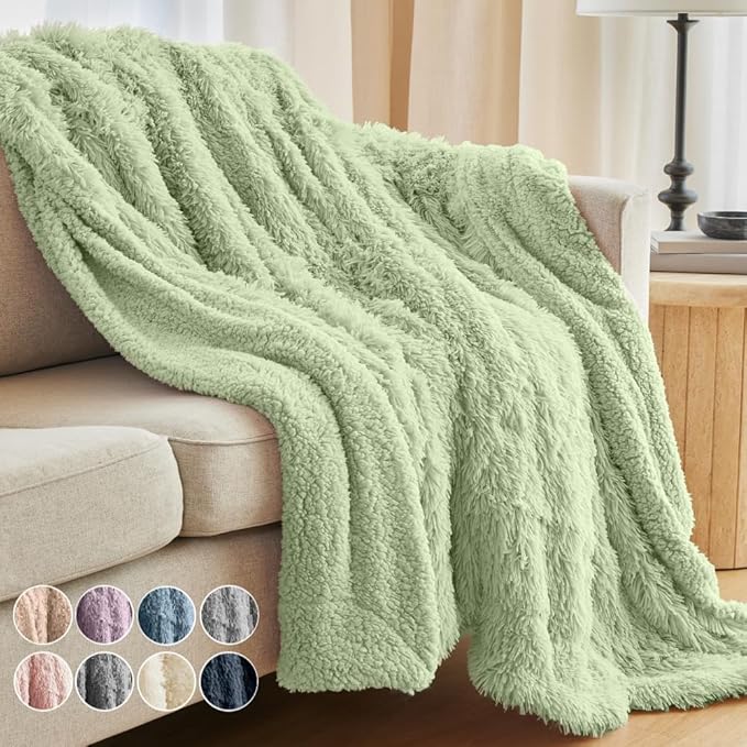 The Connecticut Home Co Throw Blanket Soft Fluffy Room Decor, Cozy Warm Throws for Bed, Couch, Gifts for Women, Bedroom Cute Aesthetic Blankets Shag and Sherpa, 65x50, Sage