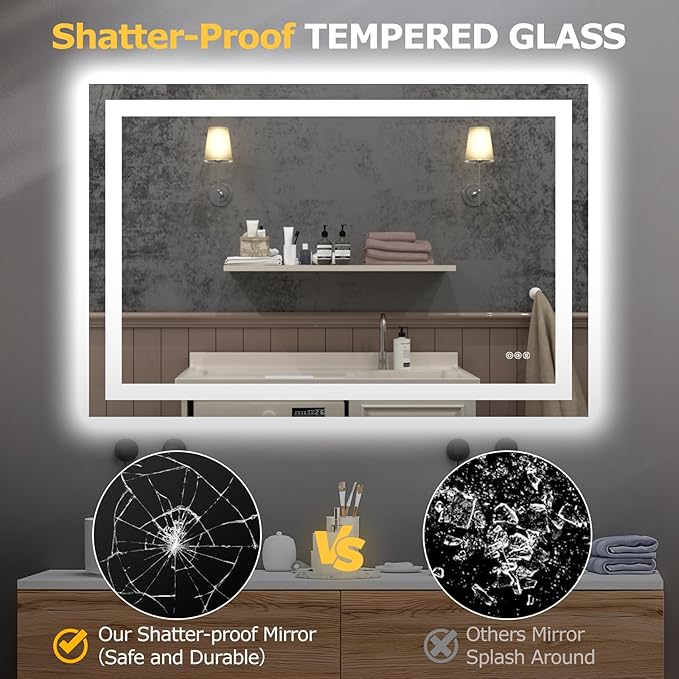 48X32 LED Bathroom Mirror with Lights, Anti-Fog, Dimmable, Backlit + Front Lit, Smart Bathroom Vanity Mirror, Memory Function, Shatterproof, Tempered Glass (Horizontal/Vertical)