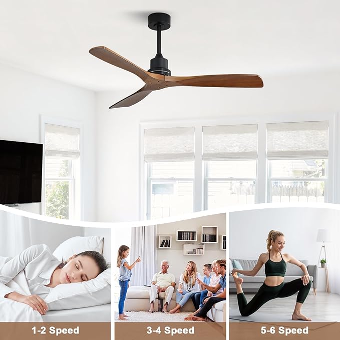 Sofucor 52 inch Ceiling Fan No Light, Solid Wood Indoor/Outdoor Ceiling Fans Without Lights, Remote Control, Reversible DC Motor, 3 Blade Low Profile Ceiling Fans for Patios, Bedroom, Farmhouse