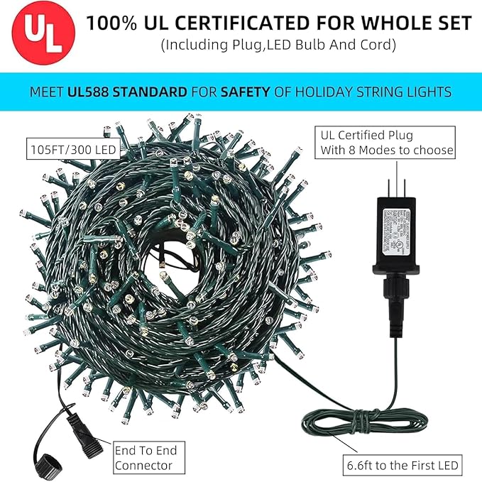 105FT 300 LEDs Blue White Christmas Lights Outdoor Indoor, Waterproof Christmas Tree Lights, 8 Lighting Modes with Memory and Timer