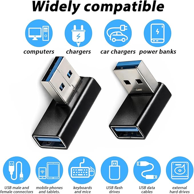 4 Pack 90 Degree USB 3.0 Adapter, USB Extender Connector Adapter Up and Down Angle, Left and Right Angle USBs A Male to Female Converter Extender for PC, Laptop, Mouse, Keyboard