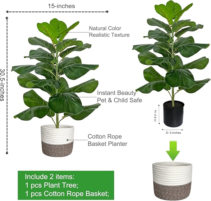 BESAMENATURE Artificial Fiddle Leaf Fig Tree/Faux Ficus Lyrata for Home Office Decoration, 30.5" Tall, with Cotton Rope Basket