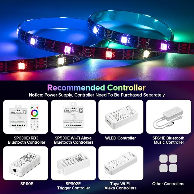 SEZO WS2812B LED Strip Light 16.4FT 30Pixel/M 150LEDs DC5V Individual Addressable LED Strip SMD5050 RGB Dream Color Programmable LED Light Strip Flexible IP65 Waterproof Black PCB