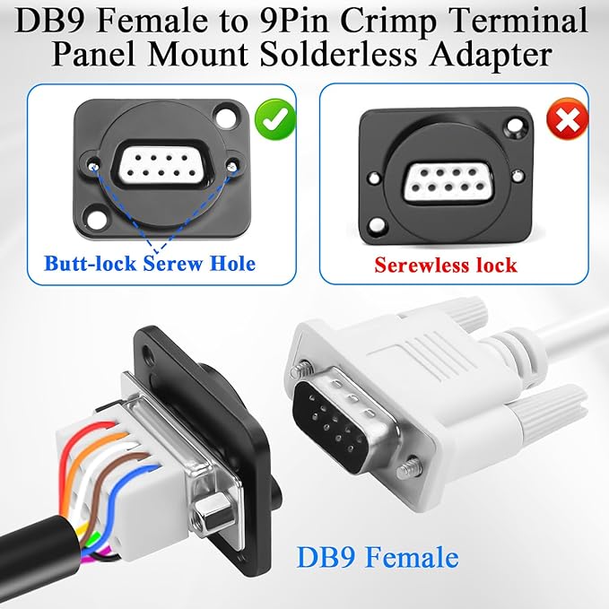 QIANRENON DB9 Solderless Adapter Panel Mount Socket DB9 Female to 9Pin Crimp Terminal Bulkhead Mount Serial Connector D-SUB 9Pin Wiring, with Butt Screw Hole, for Extend RS232/RS485/RS422 Port
