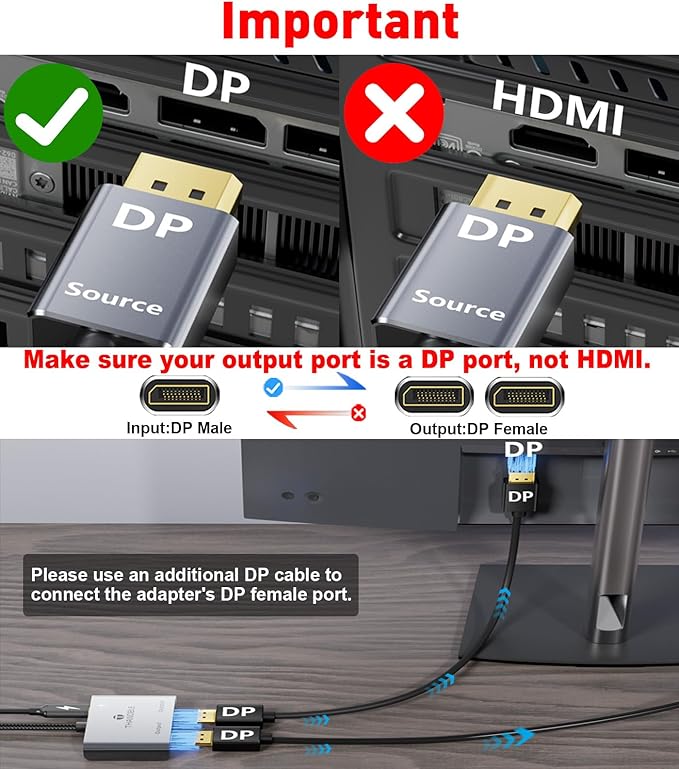 DisplayPort to Dual DisplayPort Splitter Adapter (4K@60Hz) Display Port 1 in 2 Out Splitter for Dual Monitor Extended Display, MST DP to 2 DP Adapter for PC, Graphics Card