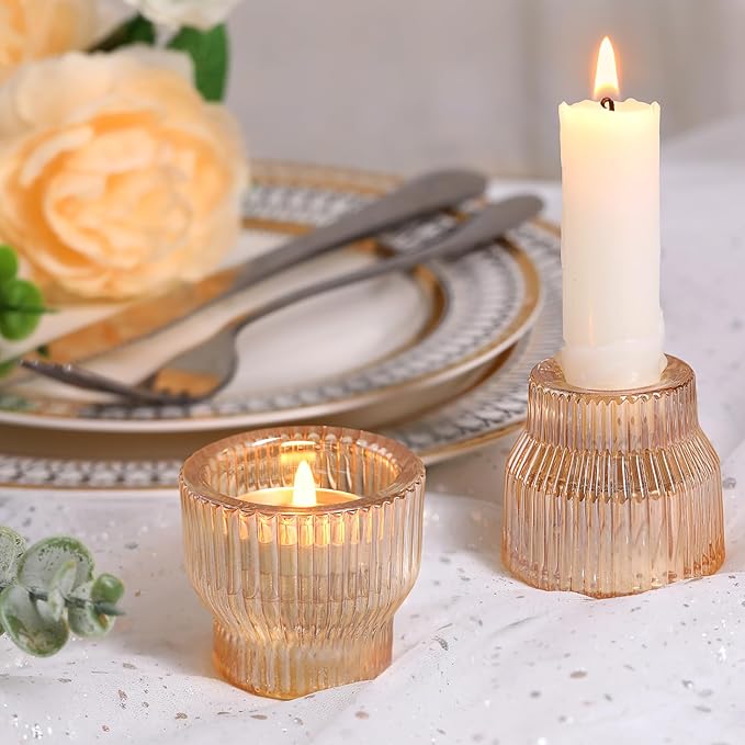 12pcs Gold Glass Candlestick Holders, Taper Candle Holders Tea Light Candle Holder for Wedding Centerpieces Table Decorations, Votive Candle Holders for Table Decor