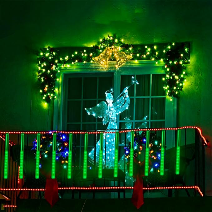 Kwaiffeo Green Icicle Lights, 16 Tubes Meteor Shower Lights(Equivalent to 2 Sets of 8-Tube) for Halloween Christmas Decorations Outdoor, Green Light for Xmas St. Patrick's Day Alien Decor, UL Plug