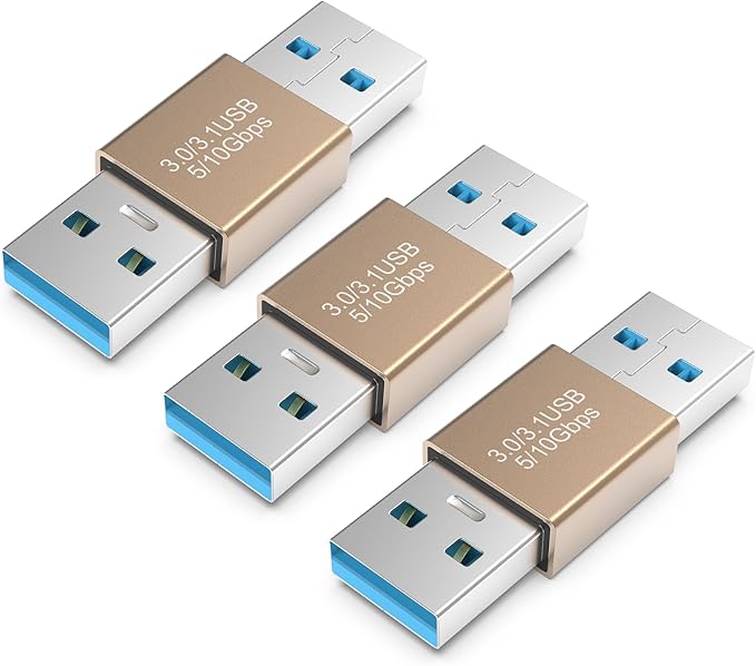 3Pack USB Adapter Male to Male, 10Gbps USB 3.1 Type A to Type A high Speed Extension Connector for Hard Driver, Laptop, DVD Player, USB3.0 Hub, Monitor, Camera, Gold
