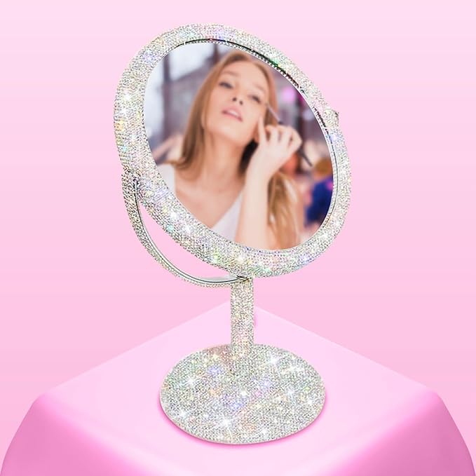 TISHAA Bling Makeup Vanity Mirror - Luxury Stand Double Sided Mirror Crystal Rhinestone Portable Desk Bathroom Bedroom (2X Magnification)