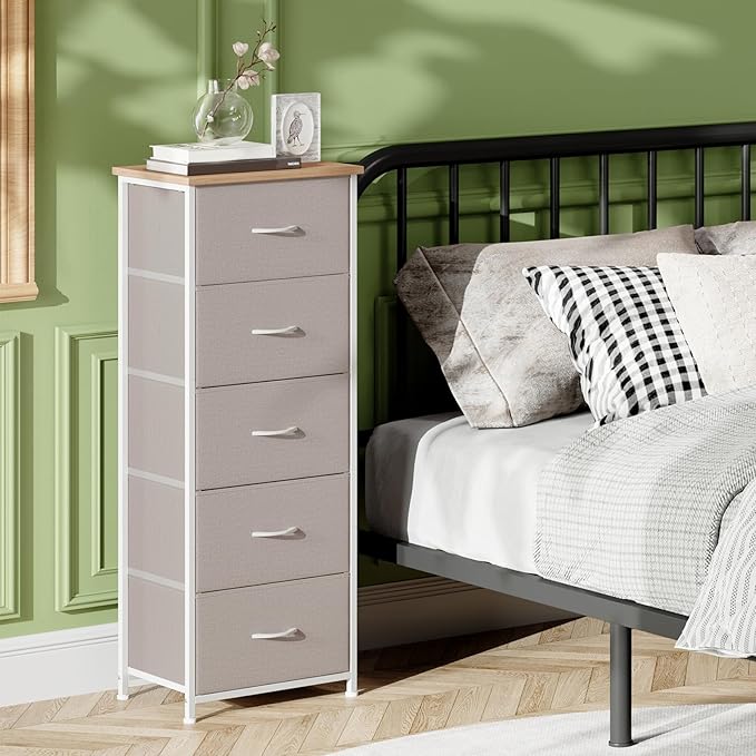 Somdot Dresser for Bedroom with 5 Drawers, Storage Organizer Chest of Drawers with Removable Fabric Bins for Closet Bedside Living Room Laundry Entryway Hallway, Ash Grey