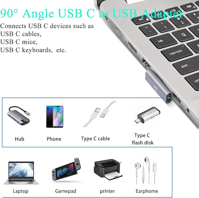 QIANRENON 90° Angle USB C to USB Adapter 10Gbps USB 3.1 Male to USB C Female Left Angle L-Shape Connector,Al Alloy Support 100W Charging, for PC Laptop Tablet, 2Pcs (Left Angle Vertical Bend)