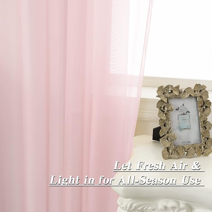 HUTO Light Pale Baby Pink Sheer Curtains 63 Inch Length for Girls Bedroom Rod Pocket Window Transparent Voile Drapes Curtains for Kids Room Living Room 2 Panels 52x63 Inches Long