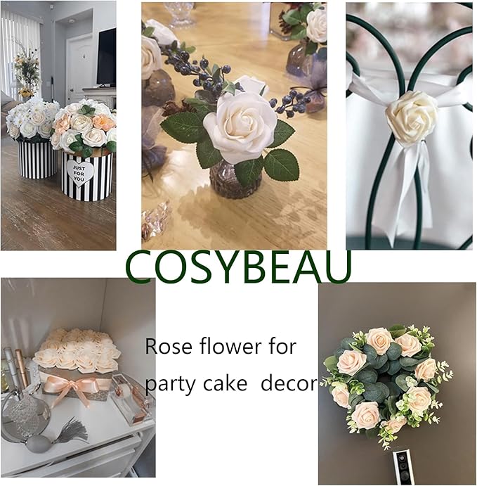 Champagne Artificial Fake Roses 25 PCS with Stem, Flowers for Crafts Bouquets for DIY Wedding Centerpieces Table Arrangements for Party Home Garden Decorations