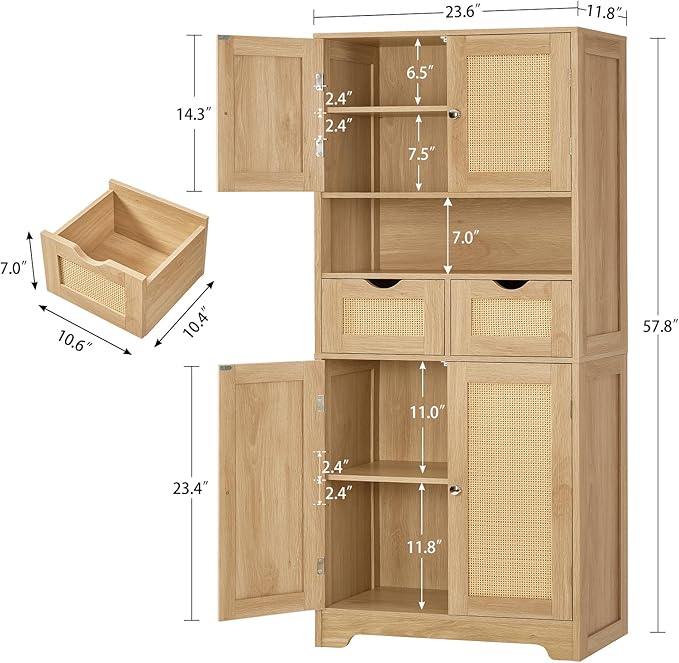Iwell Tall Storage Cabinet with 2 Drawers & Adjustable Shelves, Rattan Cabinet, Kitchen Storage Cabinet, Pantry Cabinet with 4 Doors, Tall Cabinet for Living Room, Kitchen, Home Office, Natural