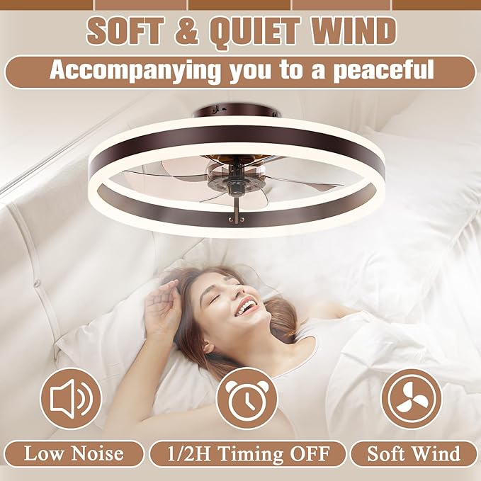 VOLISUN Low Profile Ceiling Fans with Lights and Remote, 19.7in Flush Mount Ceiling Fans with Light, 3000K-6500K Dimmable Fandelier LED Fan Light, Brown Bladeless Ceiling Fans with Lights for Bedroom