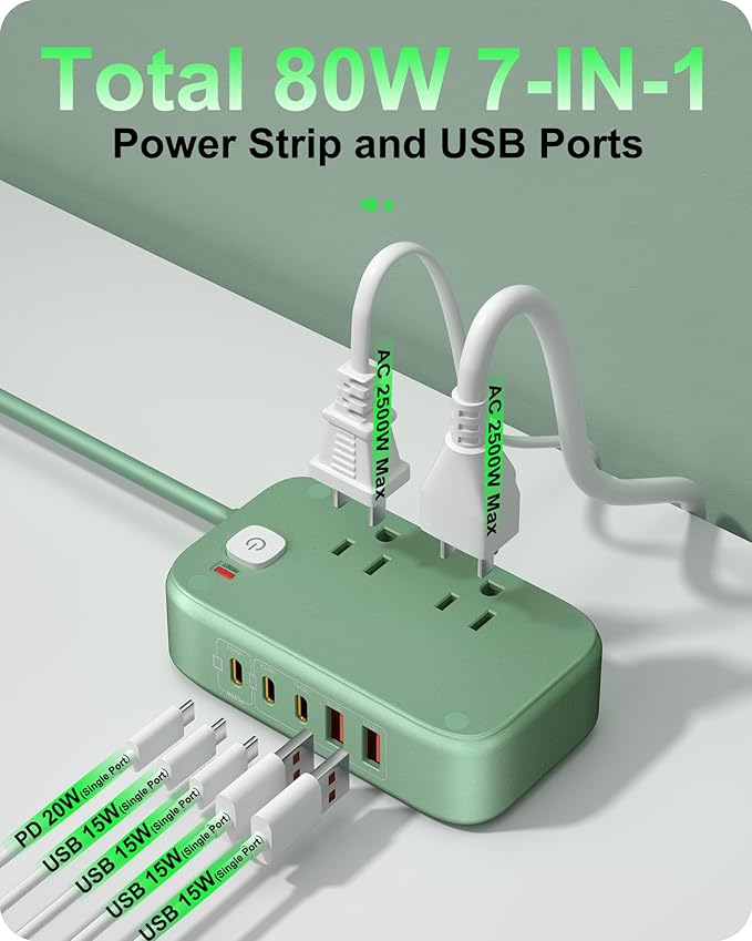 5FT USB Charging Station with Outlets, Flat USB C Travel Power Strip PD 20W Charger with 2500W AC Outlets, 3 USB-C Ports, 2 USB-A Ports Extension Cord for Home/Office/Travel